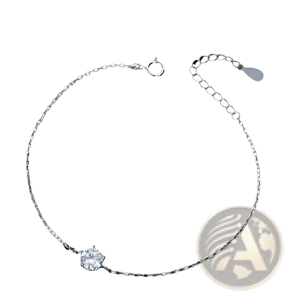 Silver chain anklet with a single round-cut clear moissanite gemstone in a prong setting sparkling solitaire design