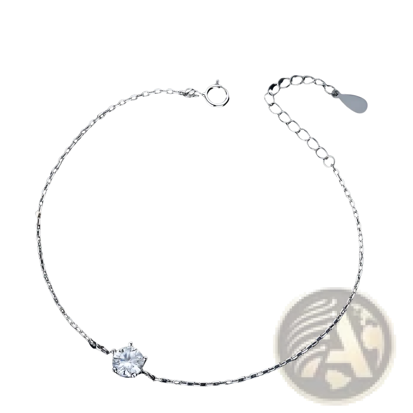 Silver chain anklet with a single round-cut clear moissanite gemstone in a prong setting sparkling solitaire design