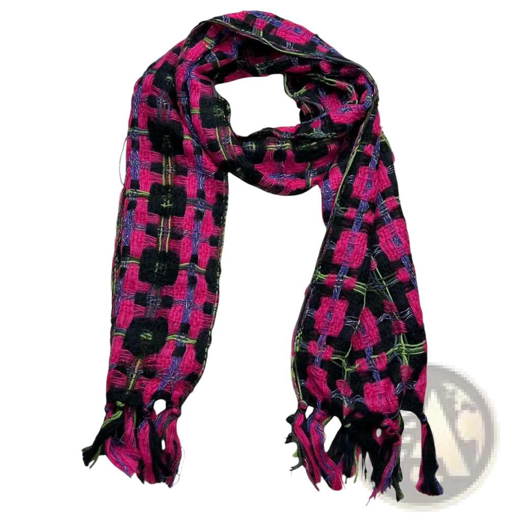 A vibrant pink and black plaid sparkly metallic scarf with fringed ends ideal for evening wear