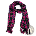 A vibrant pink and black plaid sparkly metallic scarf with fringed ends ideal for evening wear