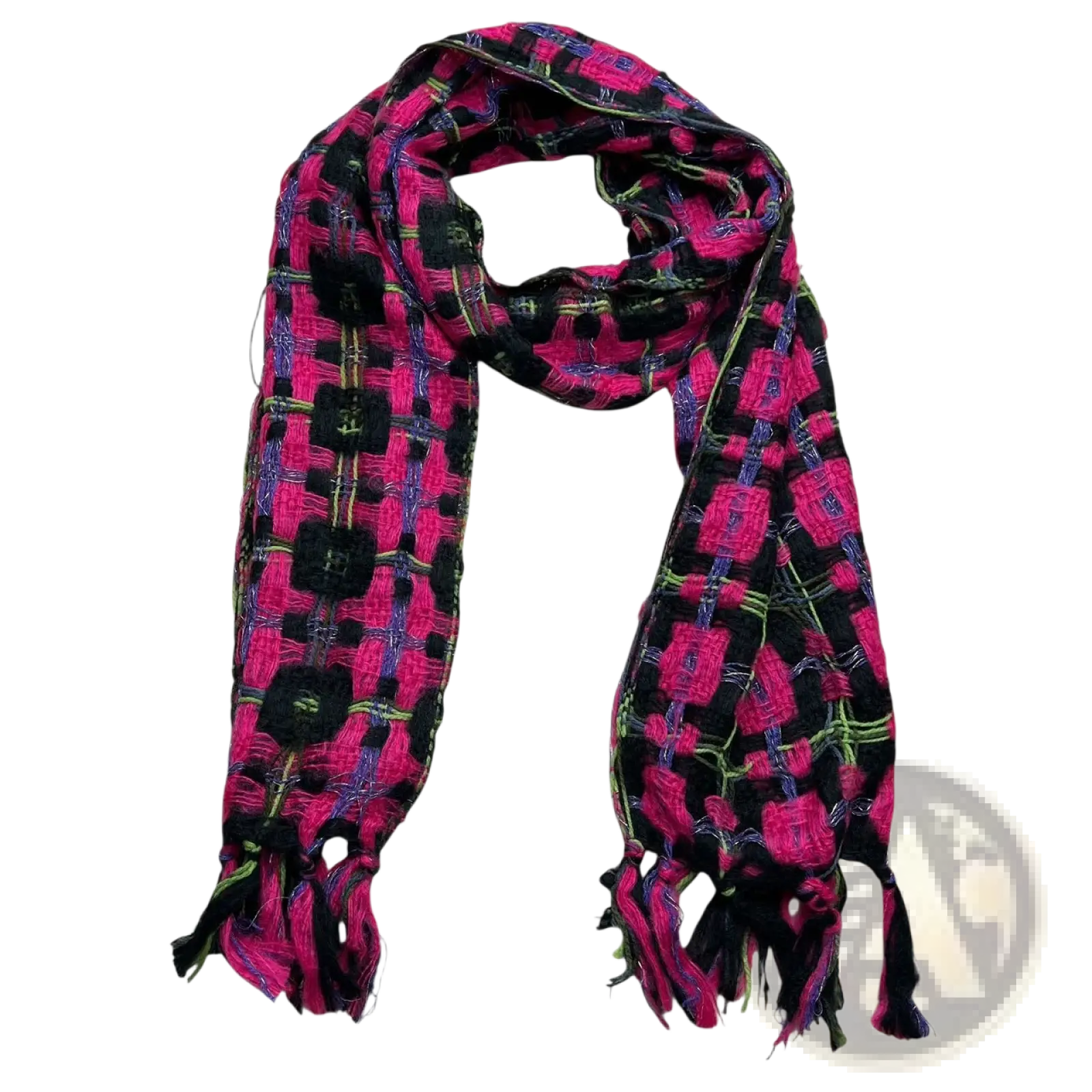 A vibrant pink and black plaid sparkly metallic scarf with fringed ends ideal for evening wear