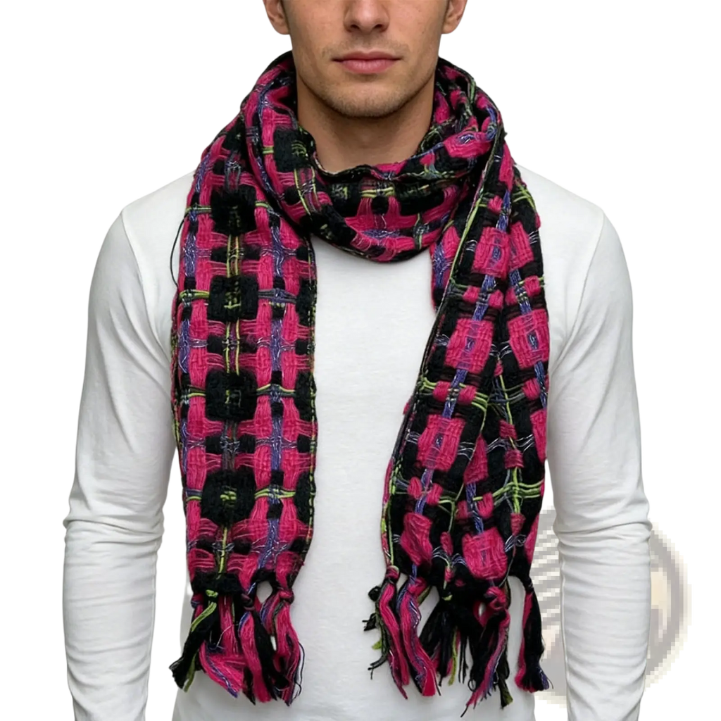 A vibrant pink and black woven metallic scarf with geometric patterns and fringed ends for evening wear