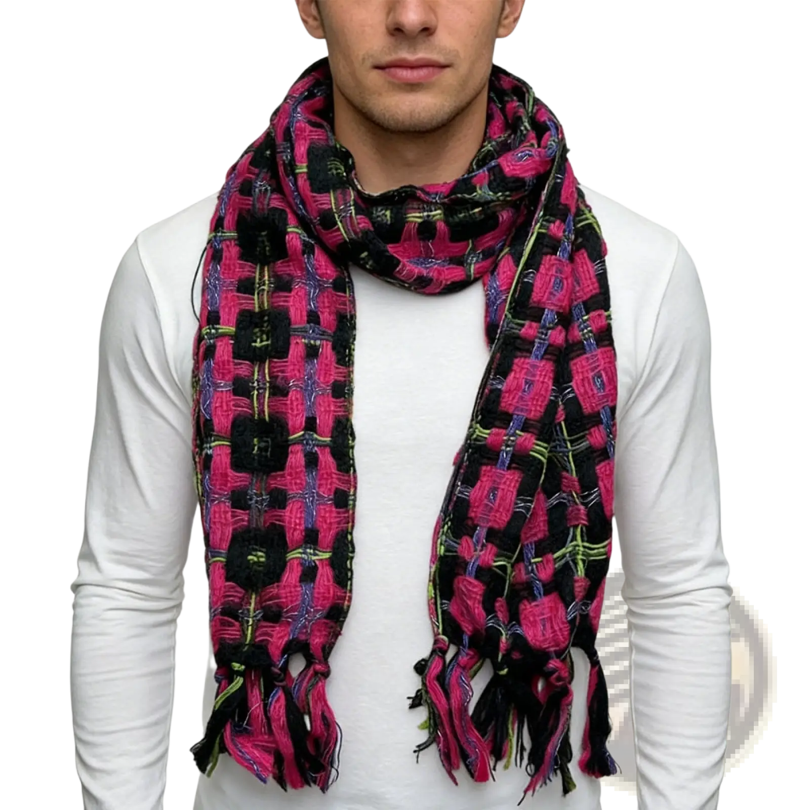 A vibrant pink and black woven metallic scarf with geometric patterns and fringed ends for evening wear