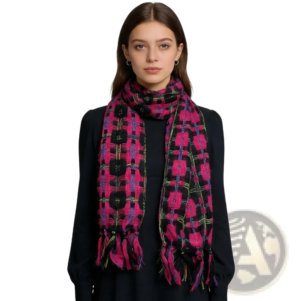 A vibrant pink and black plaid sparkly metallic scarf with bold geometric patterns and large black buttons for evening wear