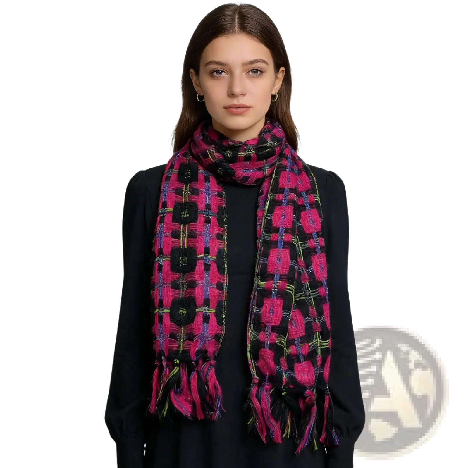 A vibrant pink and black plaid sparkly metallic scarf with bold geometric patterns and large black buttons for evening wear