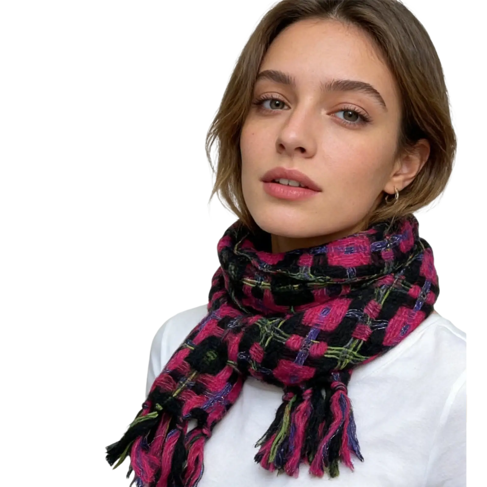 A vibrant pink and black plaid sparkly metallic scarf with fringed ends for elegant evening wear