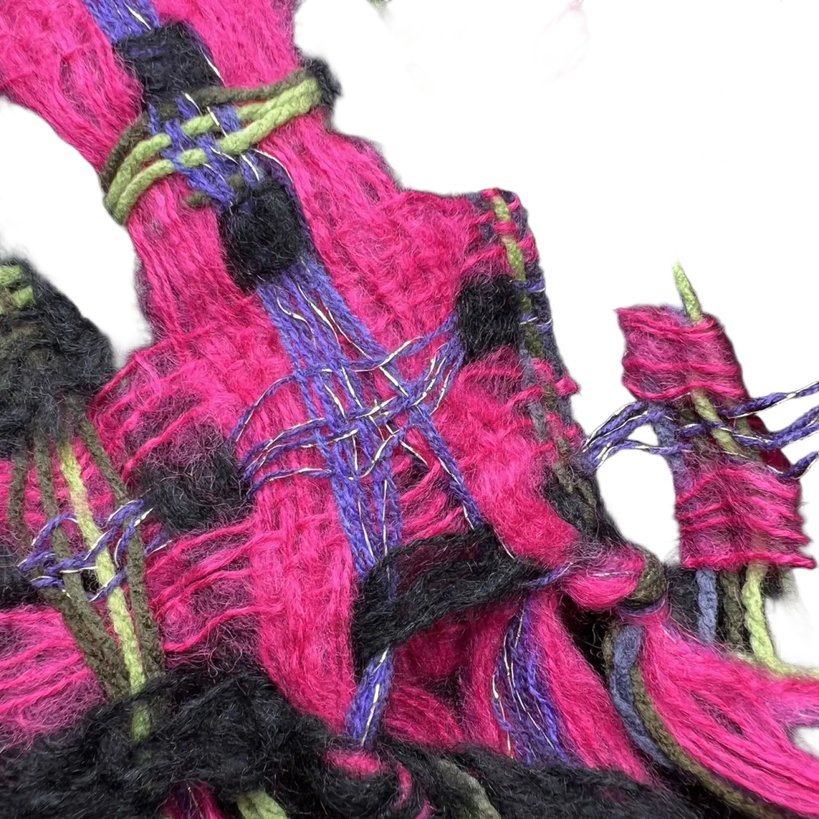 Sparkly metallic scarf for evening wear with vibrant pink black and green chunky knit yarn and metallic thread accents