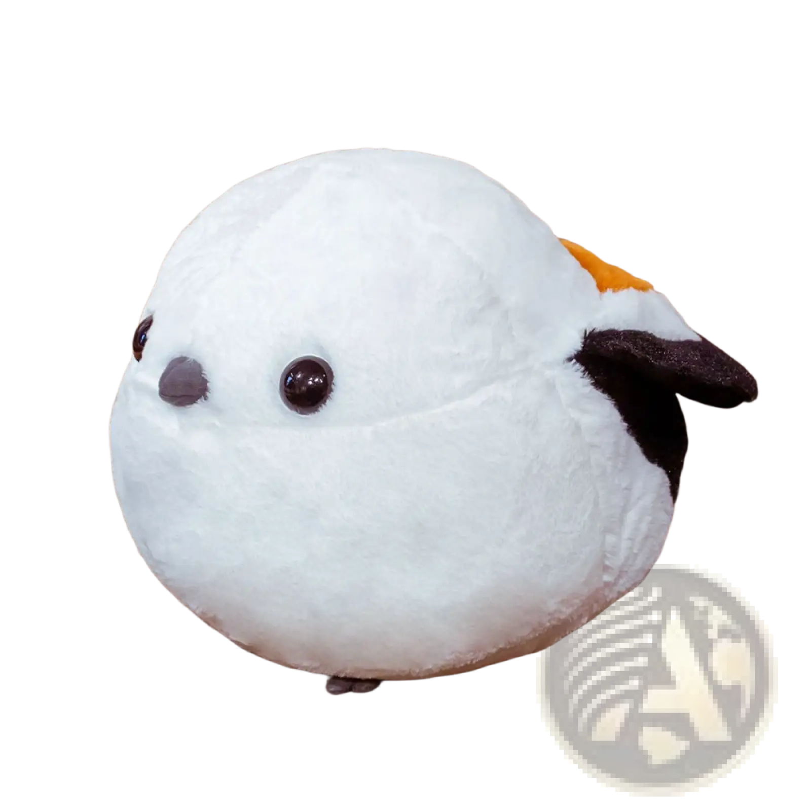 A plush white sparrow bird toy with black eyes, gray beak, and soft orange and black wing accents