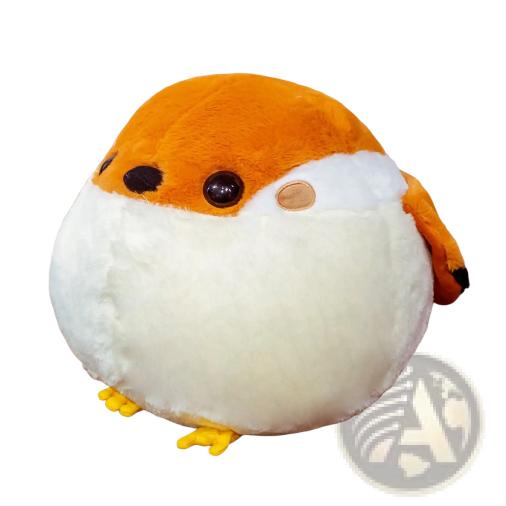 Cute orange and white sparrow plush bird toy with black eyes tan beak patch yellow feet and soft fluffy material