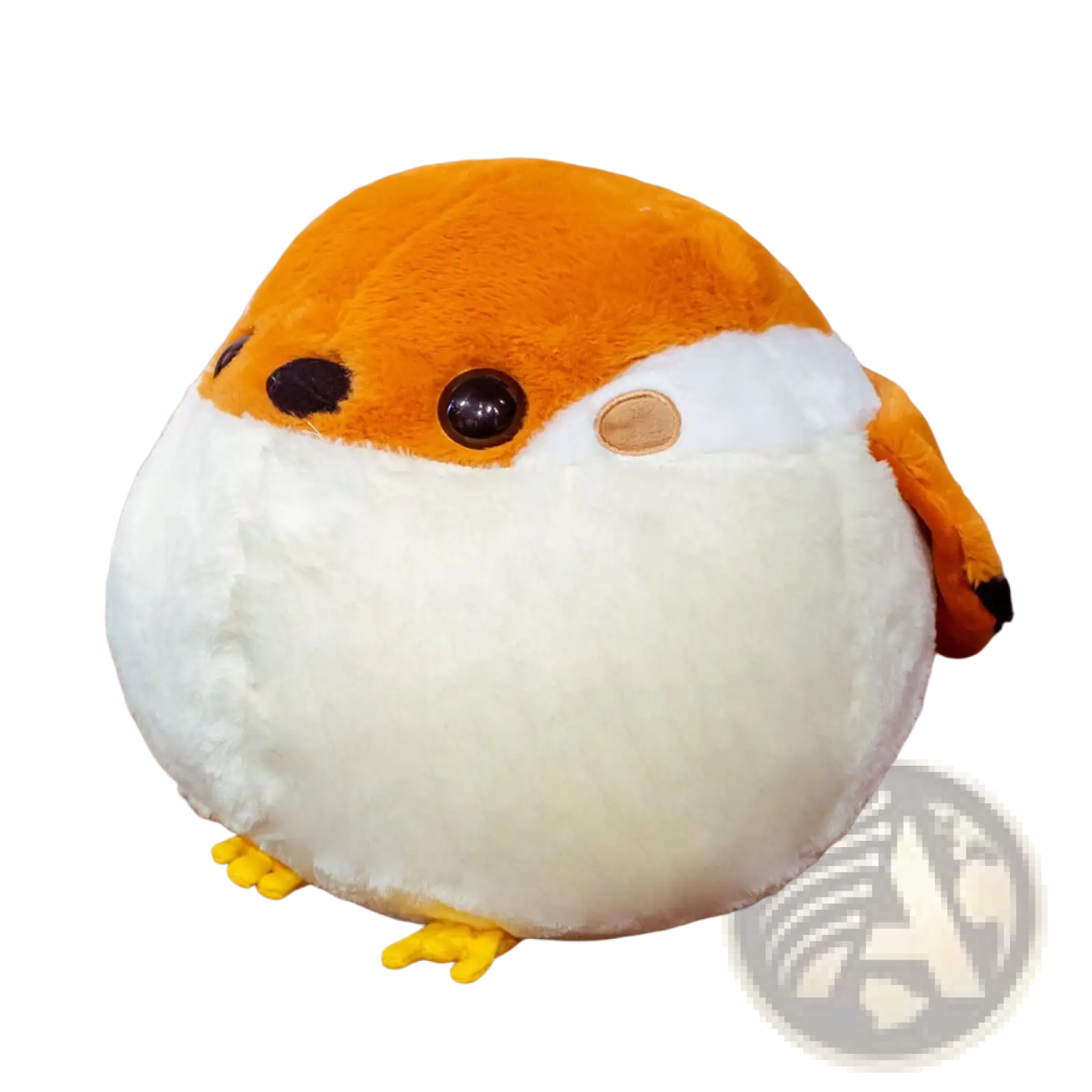 Cute orange and white sparrow plush bird toy with black eyes tan beak patch yellow feet and soft fluffy material