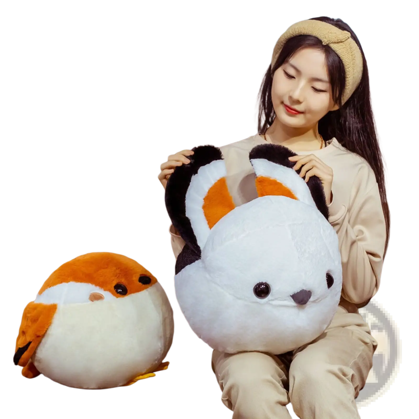 White and orange plush fox-shaped pillow with black ears and embroidered facial features from Sparrow plush bird toy collection