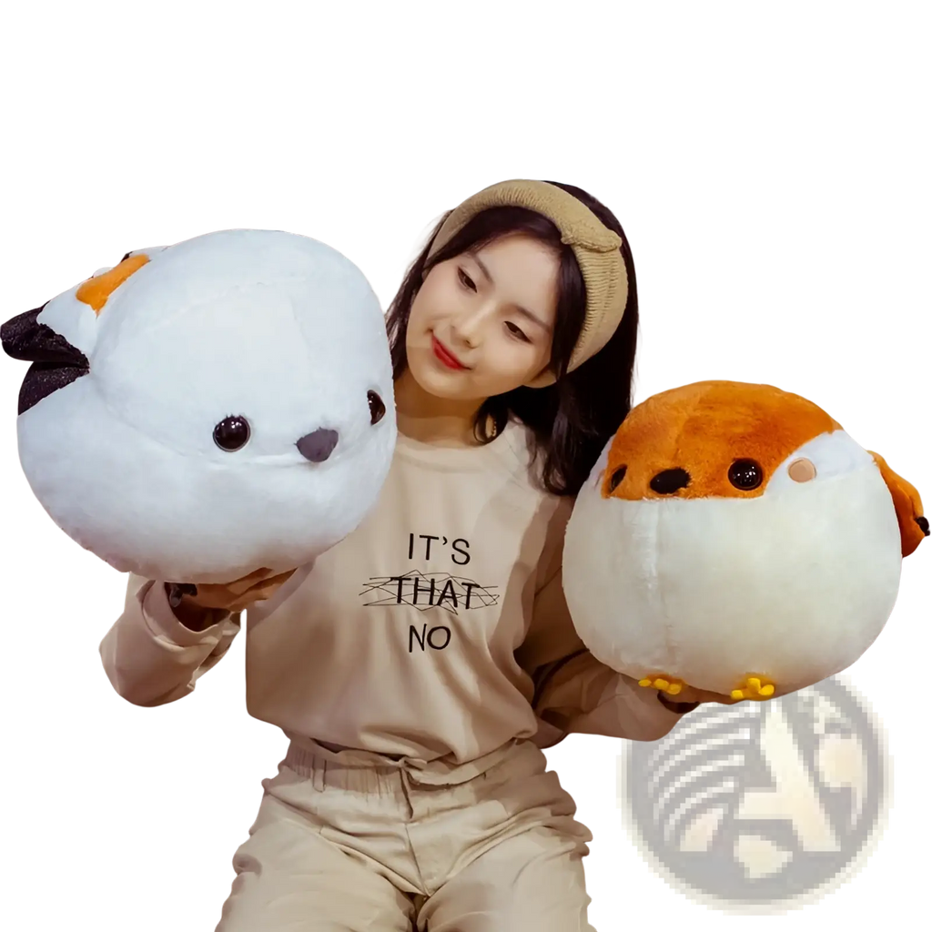 White and orange soft plush sparrow bird toys with black eyes and stitched beaks for cuddling or decoration