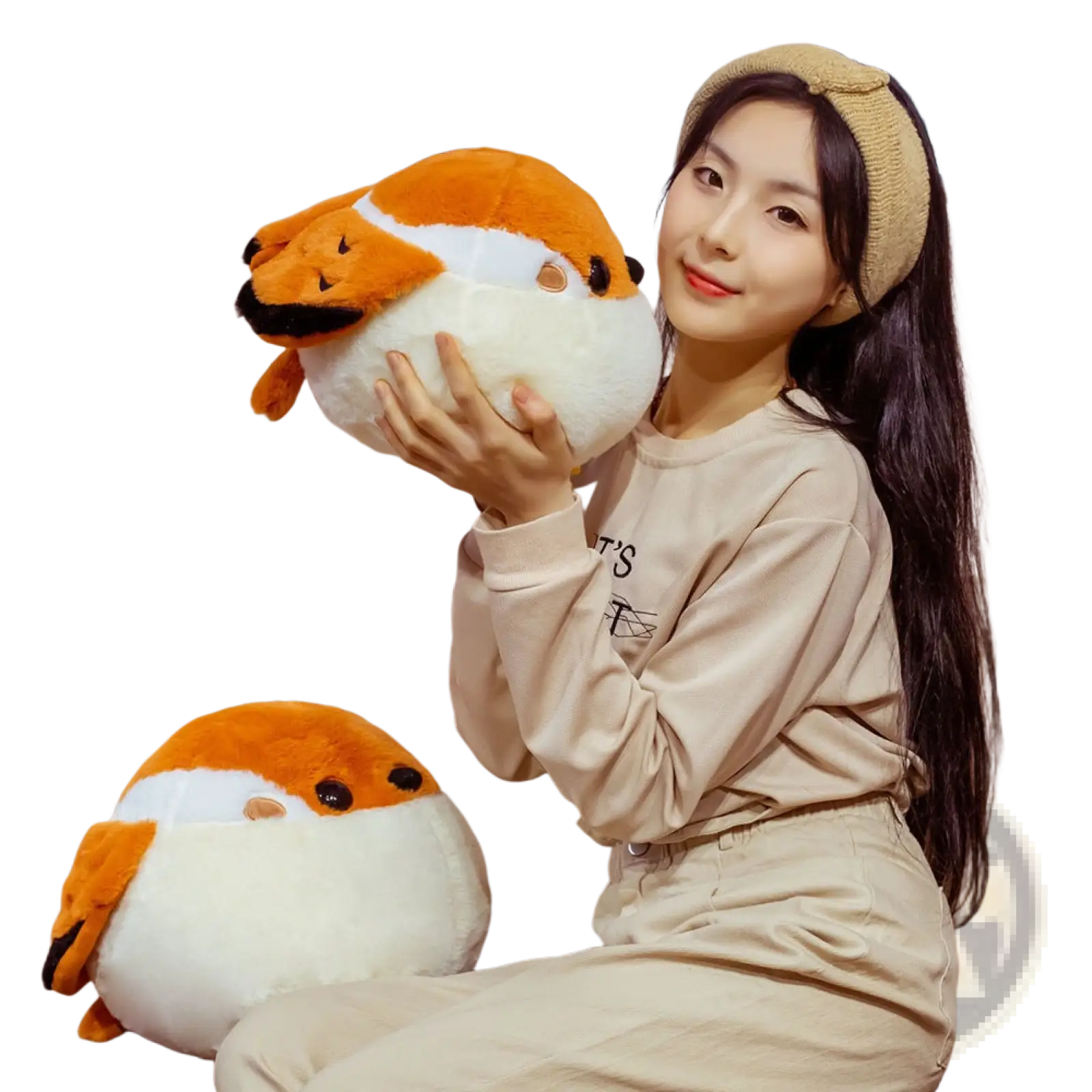Orange and white soft plush sparrow bird toy with black eyes and beak for cuddling and decoration