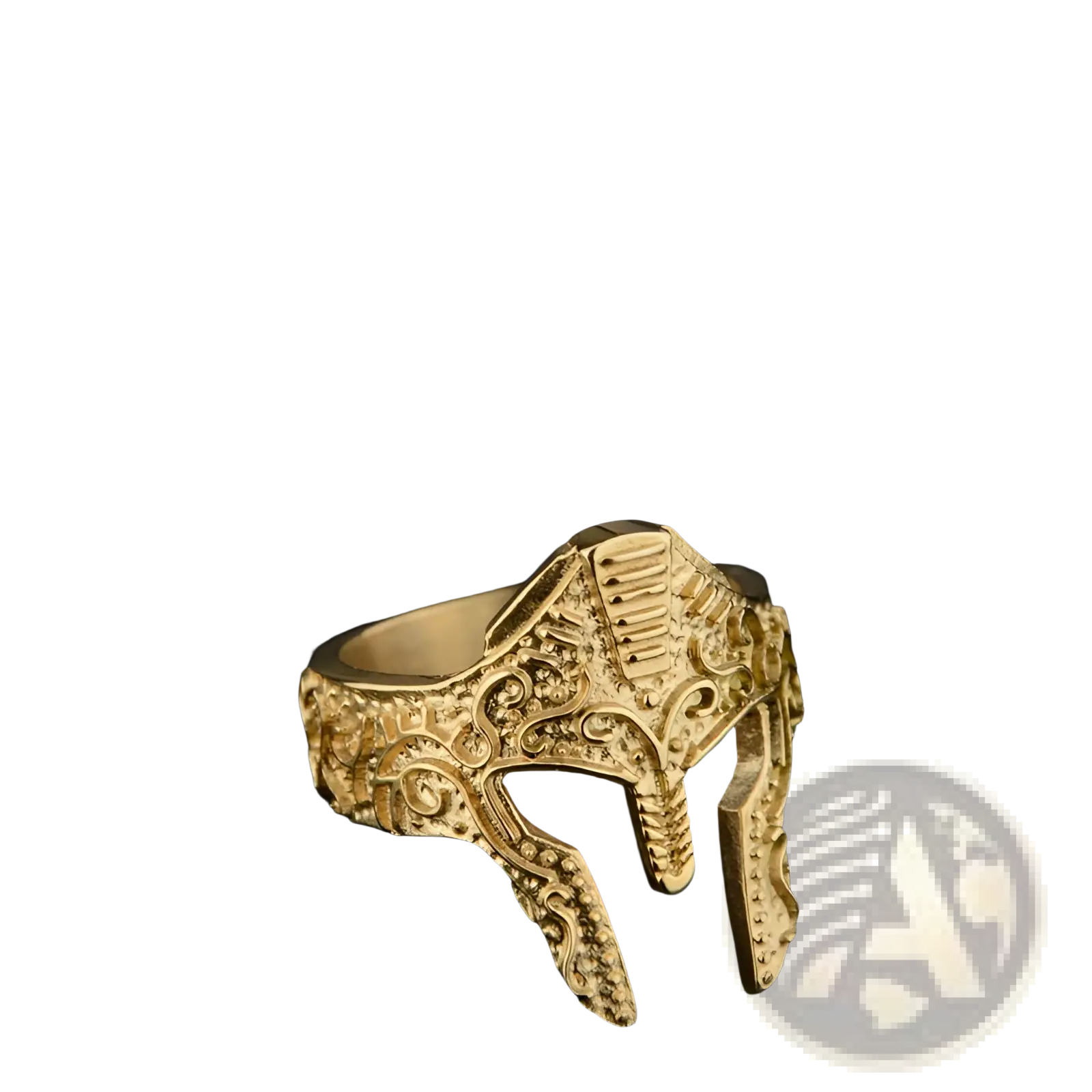 Gold-plated spartan warrior helmet engraved stainless steel ring featuring intricate detailing and bold design