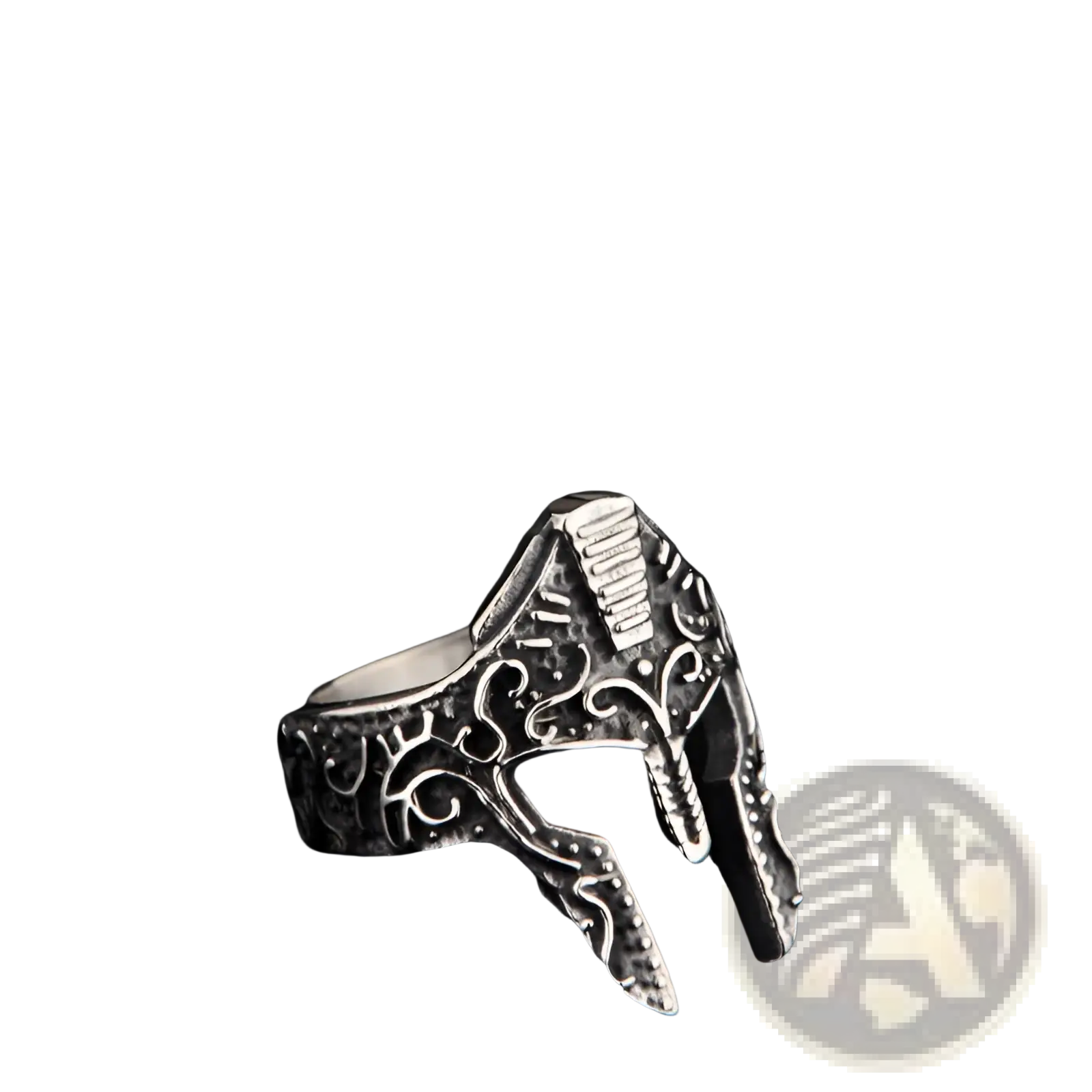 Silver spartan warrior helmet engraved stainless steel ring with intricate details and textured metallic finish