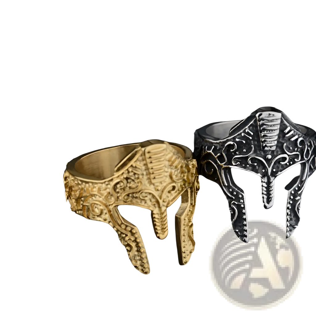 Gold and silver spartan warrior helmet engraved stainless steel ring with intricate detailed craftsmanship