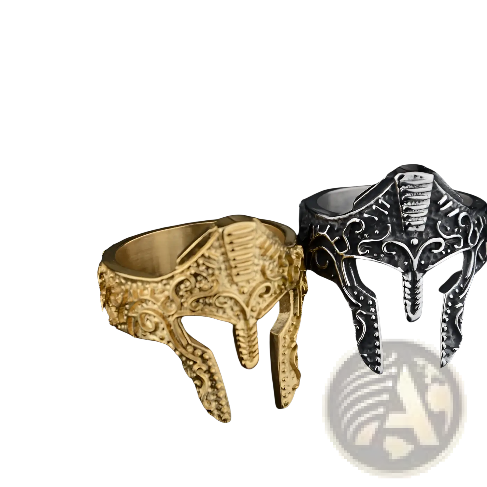 Gold and silver spartan warrior helmet engraved stainless steel ring with intricate detailed craftsmanship