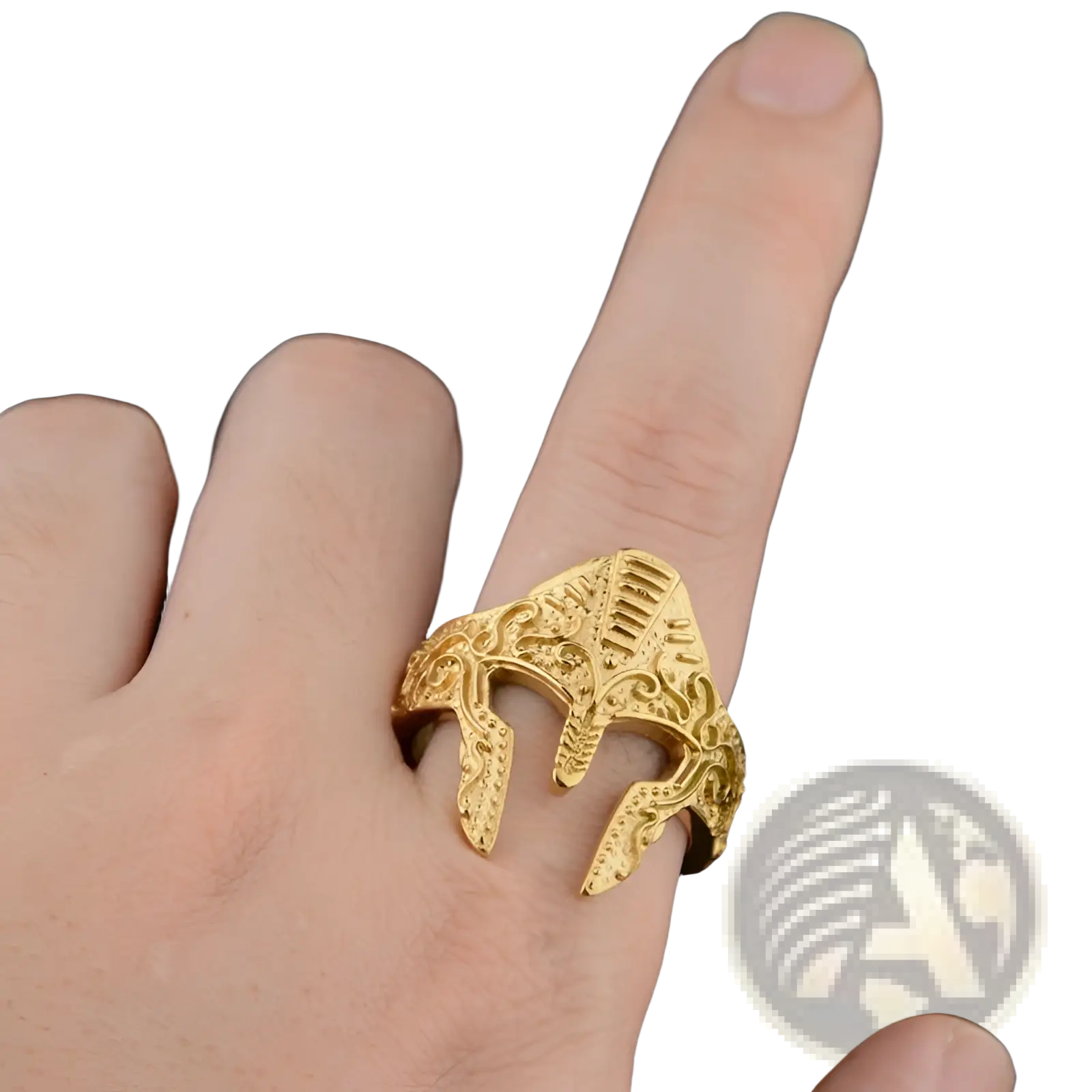 Gold-plated stainless steel Spartan warrior helmet ring with intricate engraved detailing on the front side