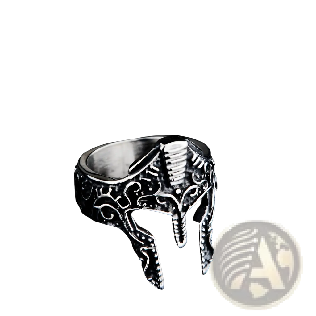 Silver spartan warrior helmet engraved stainless steel ring featuring intricate details and a textured metallic finish