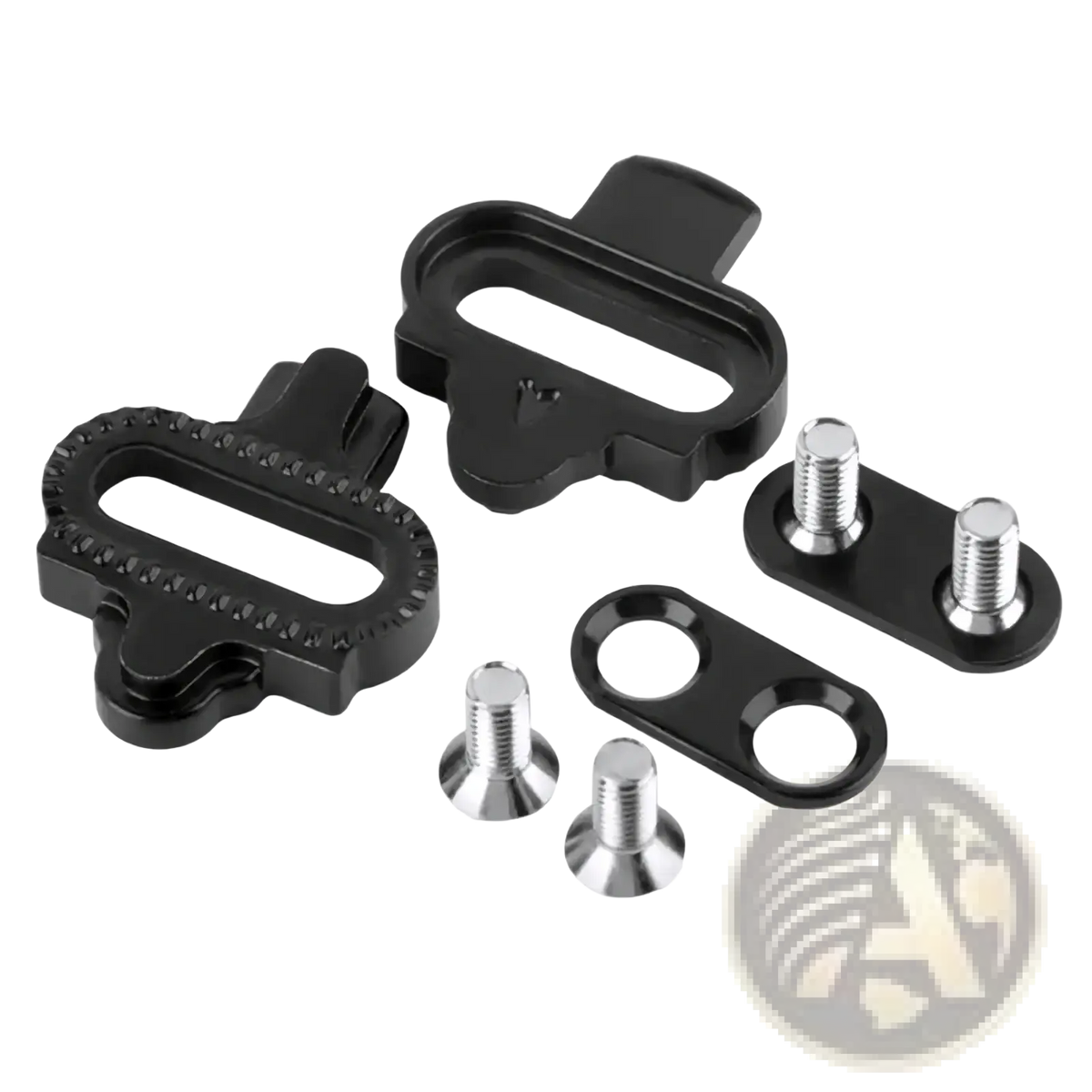 Black SPD pedal cleats kit with textured grip surfaces and silver screws designed for mountain bike use
