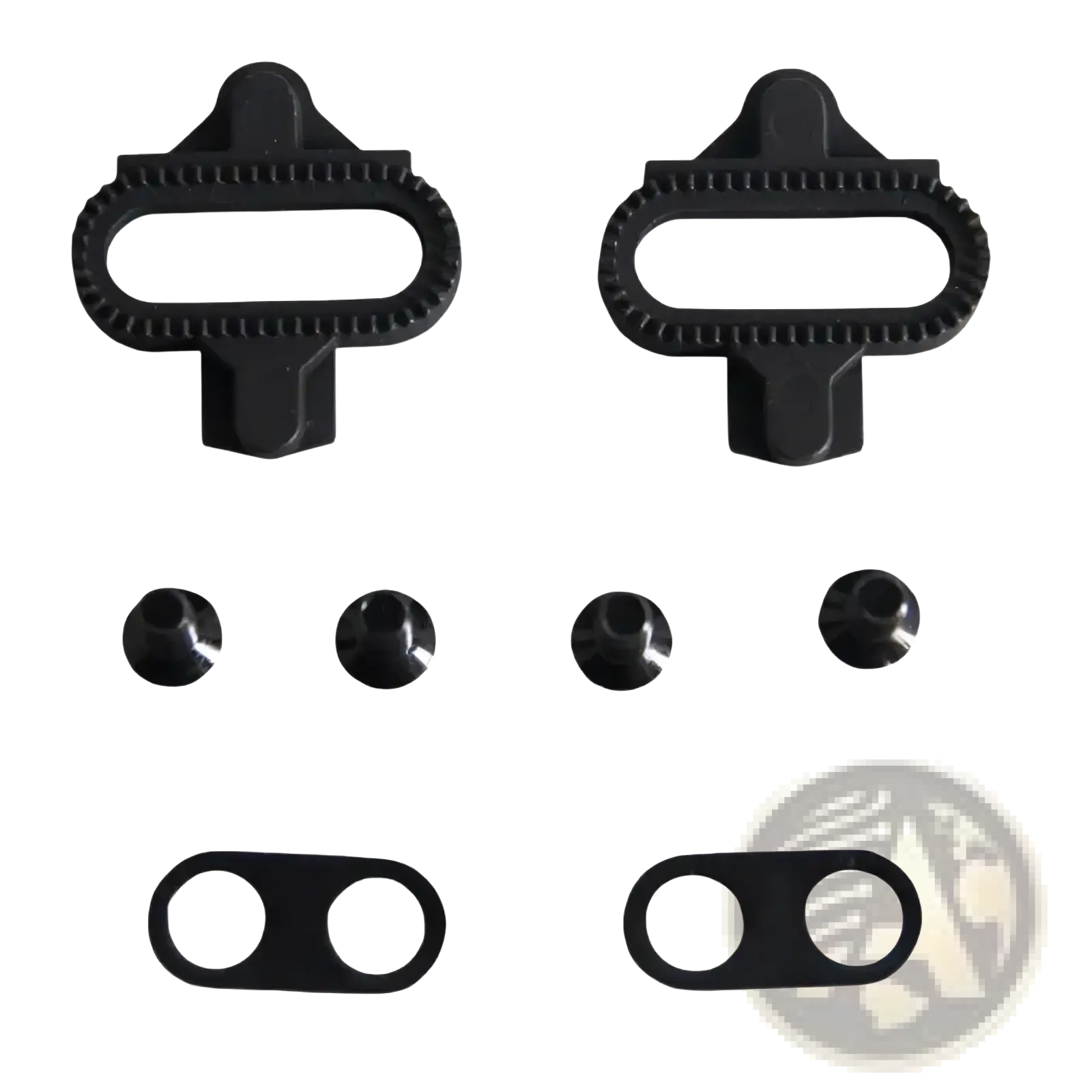 Black plastic spd pedal cleats kit with textured edges, black screws, and spacers for mountain bikes