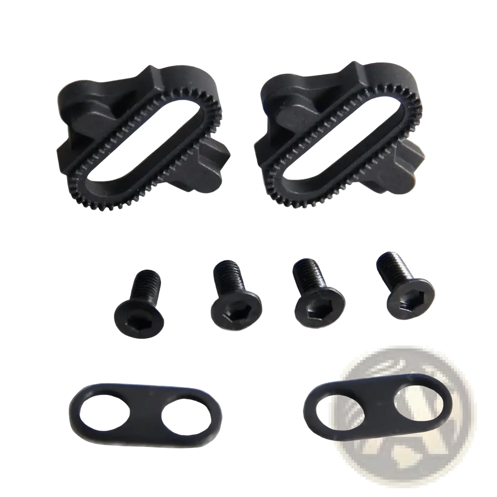 Black plastic bicycle derailleur hanger clips with gear teeth edges and matching hex-head screws for mountain bikes spd pedal cleats kit