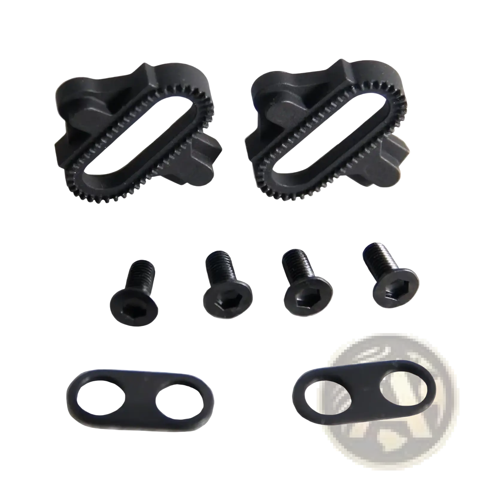 Black plastic bicycle derailleur hanger clips with gear teeth edges and matching hex-head screws for mountain bikes spd pedal cleats kit