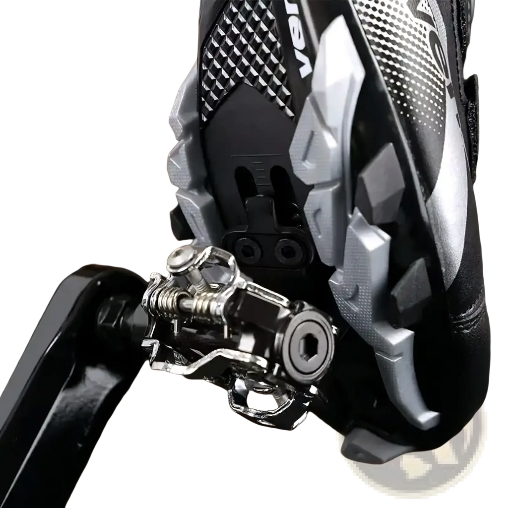 Silver and black metallic spd pedal cleats kit for mountain bikes with spring-loaded mechanism attached to shoe