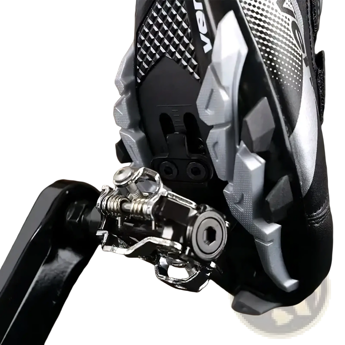 Silver and black metallic spd pedal cleats kit for mountain bikes with spring-loaded mechanism attached to shoe