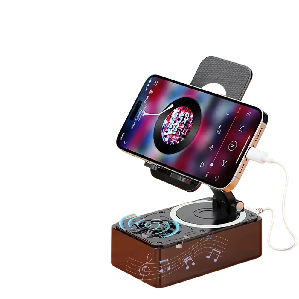 Black 3-in-1 speaker phone with cabinet material base, bluetooth speaker, power bank, and adjustable phone stand arm