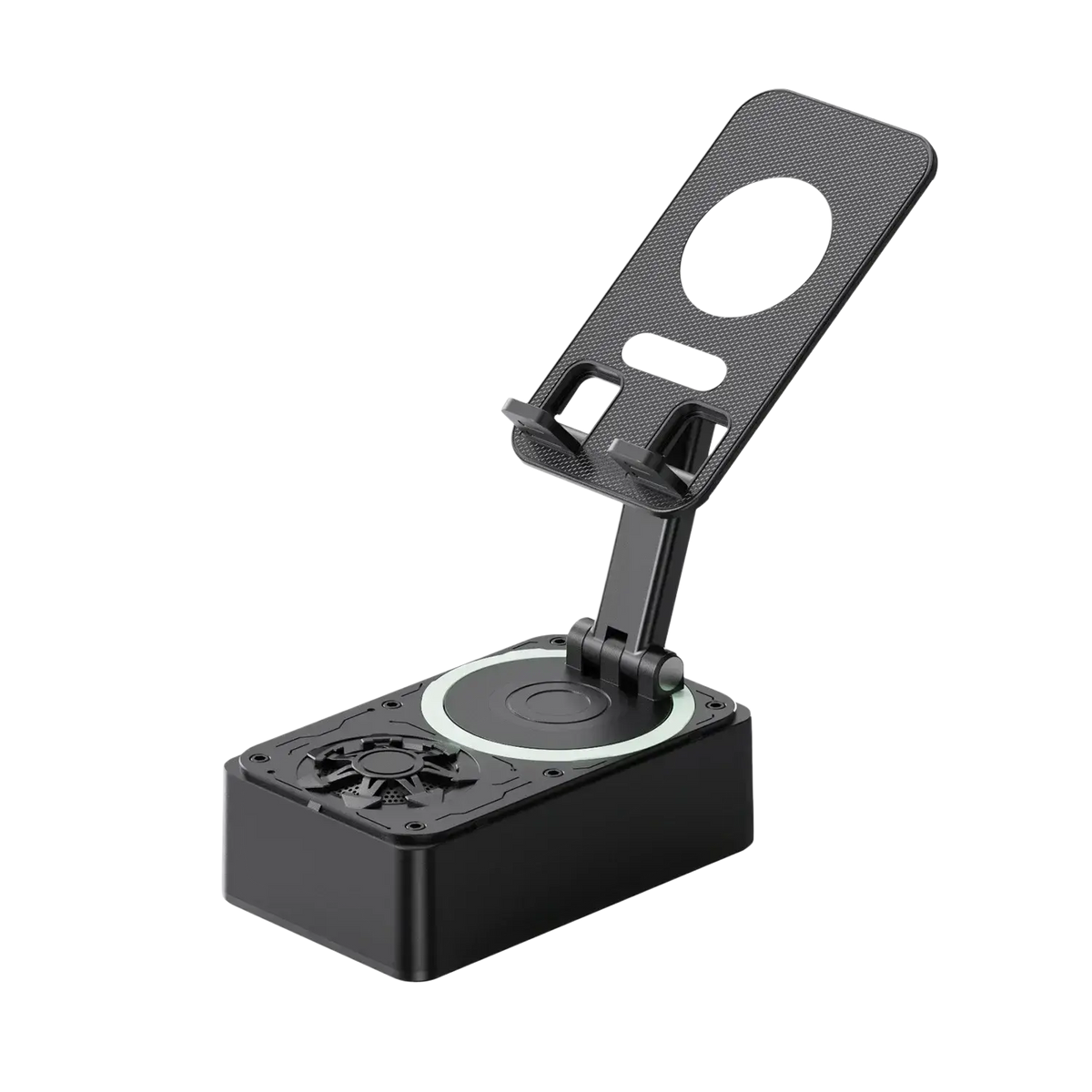Black adjustable phone stand with built-in bluetooth speaker power bank and textured grip surface for stable use