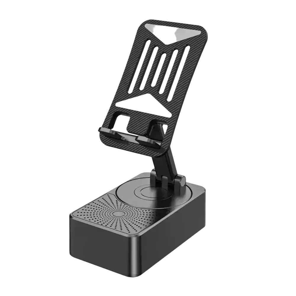 Black carbon fiber textured phone stand with rectangular base and circular speaker grille for speaker phone and power bank use