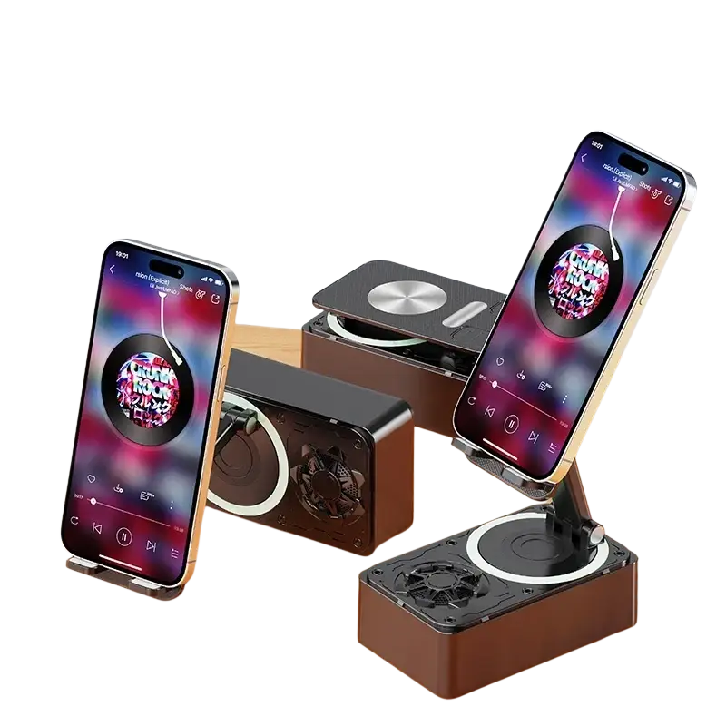 Black foldable speaker phone stand with bluetooth speaker and circular base made of durable cabinet material