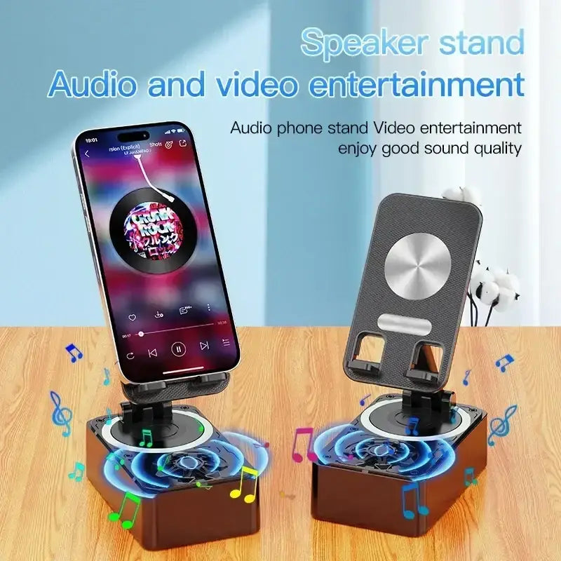Black and silver phone stand speaker phone with built-in Bluetooth speaker and power bank for video entertainment