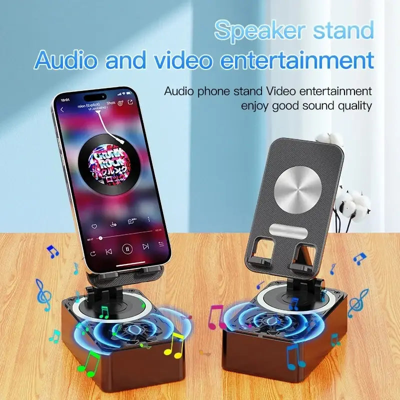 Black and silver speaker phone stand with cabinet material, magnetic phone stand, bluetooth speaker, and power bank use