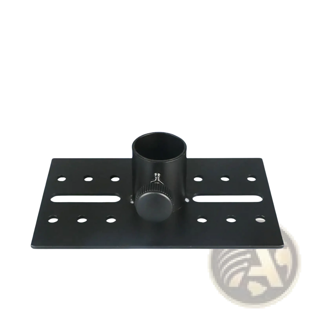 Black metal speaker stand adapter adjustable angle tray with cylindrical knob and multiple mounting holes