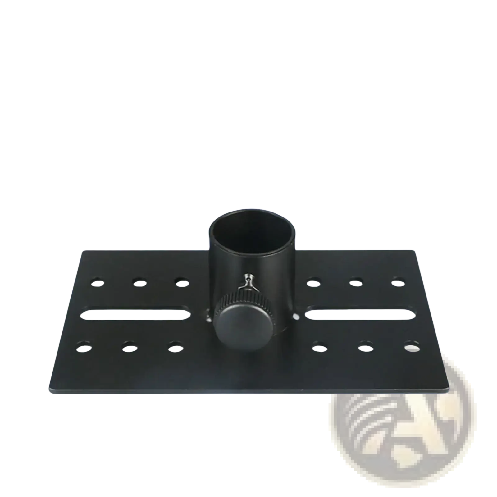 Black metal speaker stand adapter adjustable angle tray with cylindrical knob and multiple mounting holes