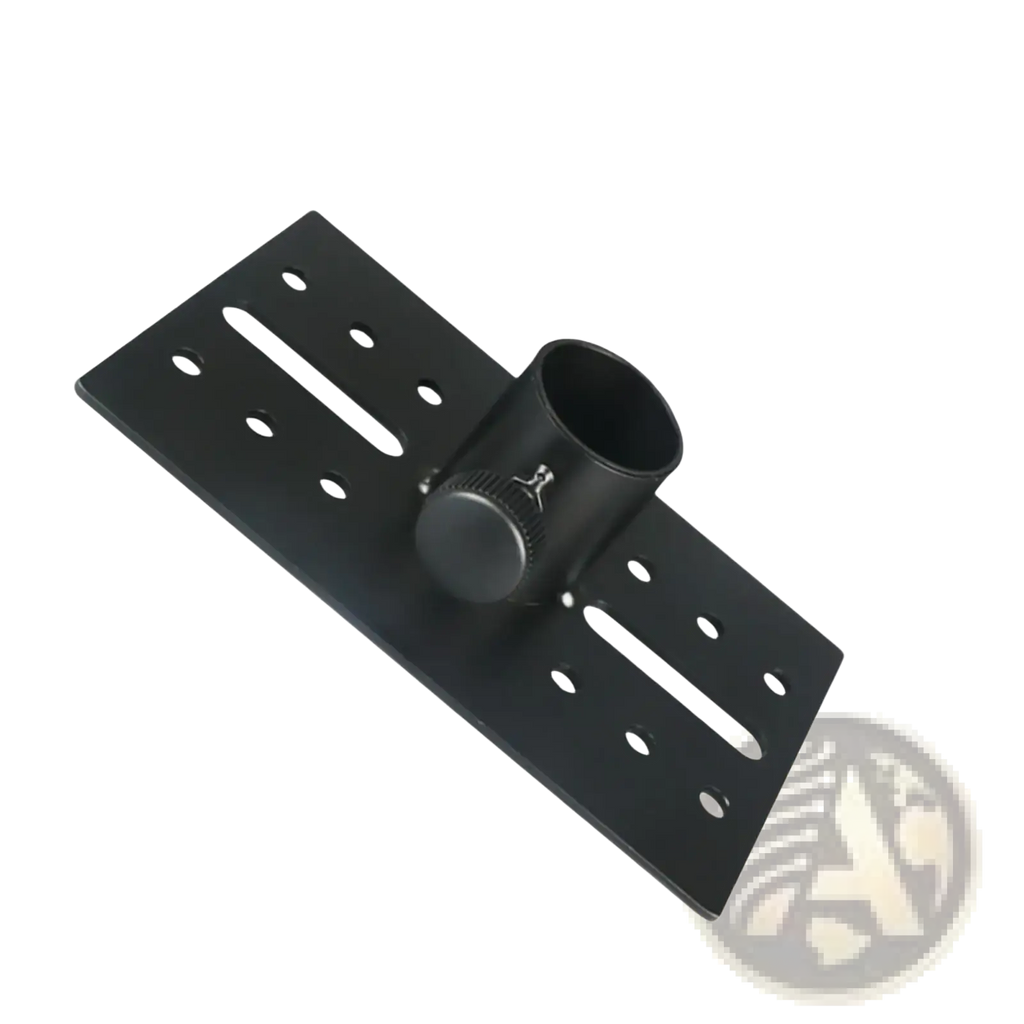 Black metal speaker stand adapter with adjustable angle tray featuring cylindrical knob and multiple mounting holes
