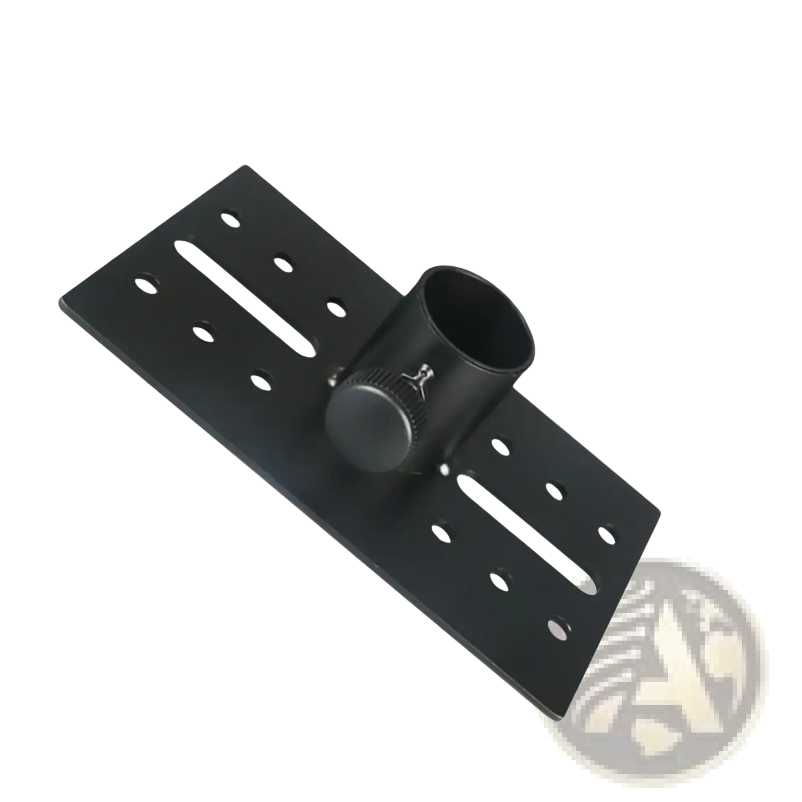 Black metal speaker stand adapter with adjustable angle tray featuring cylindrical knob and multiple mounting holes