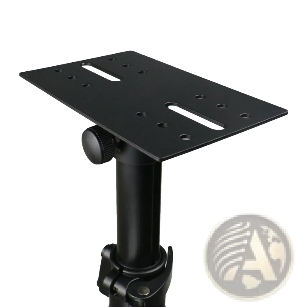 Black metal speaker stand adapter with adjustable height and multiple mounting holes for angled tray placement