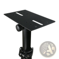 Black metal speaker stand adapter with adjustable height and multiple mounting holes for angled tray placement
