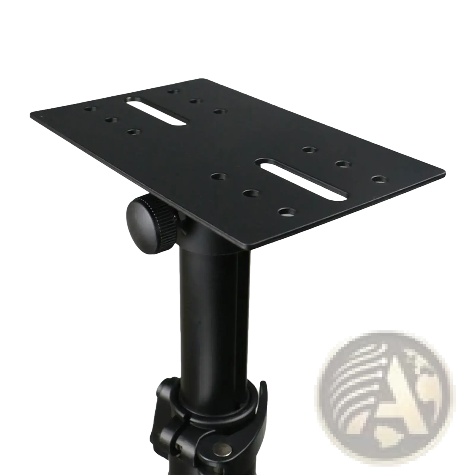 Black metal speaker stand adapter with adjustable height and multiple mounting holes for angled tray placement