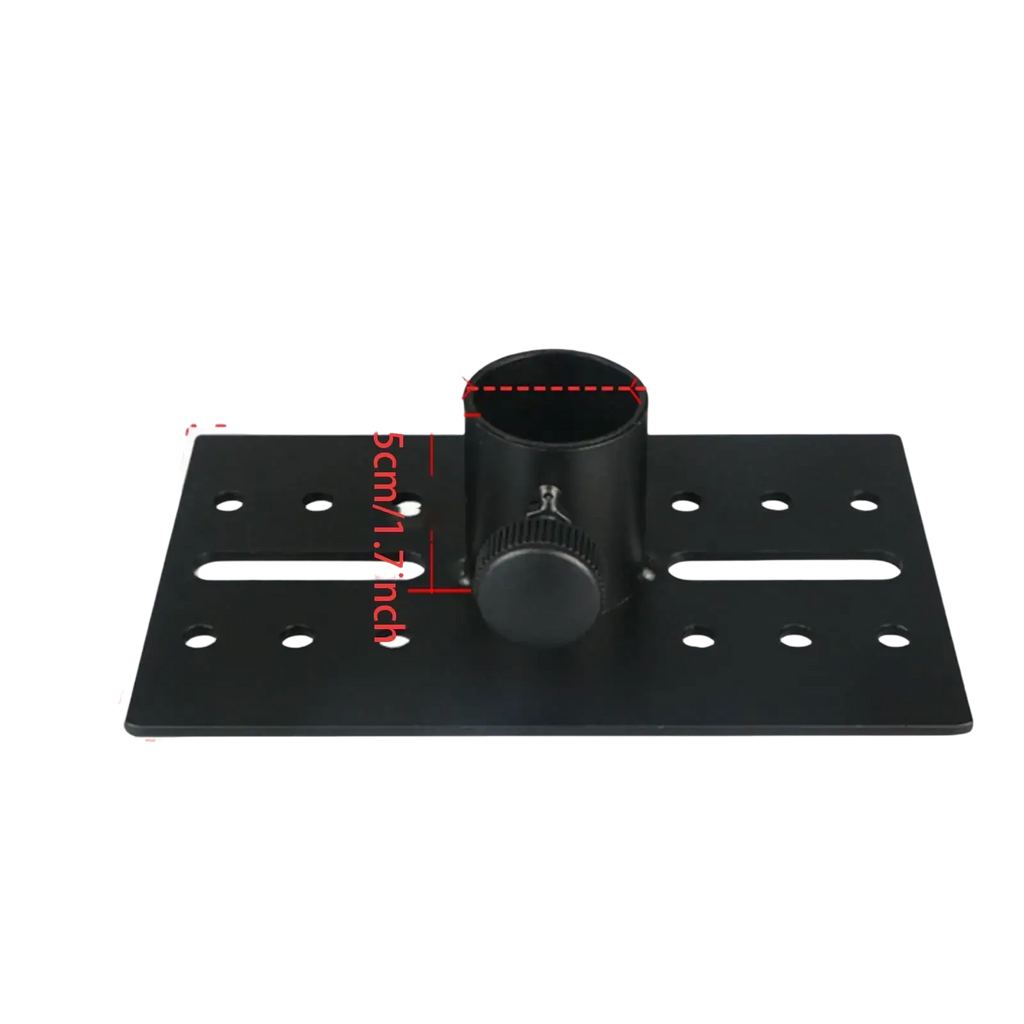 Black metal speaker stand adapter with adjustable angle tray featuring a central cylindrical adapter and knurled knob