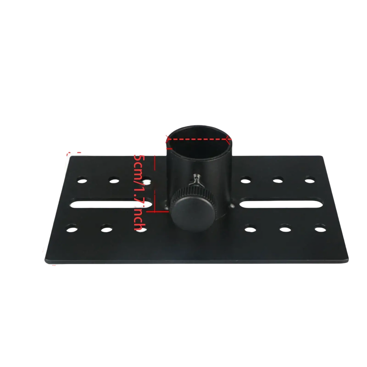 Black metal speaker stand adapter with adjustable angle tray featuring a central cylindrical adapter and knurled knob