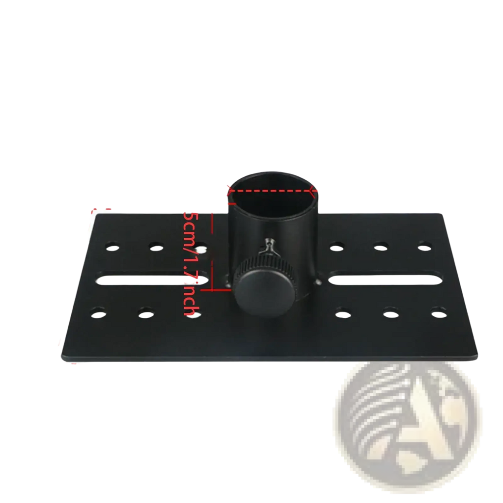 Black metal speaker stand adapter with adjustable angle tray featuring a central cylindrical adapter and knurled knob