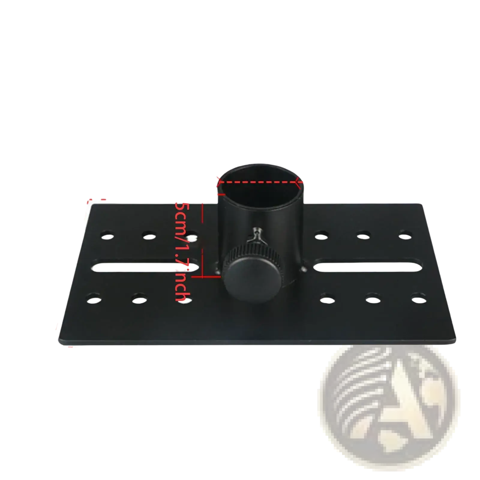 Black metal speaker stand adapter with adjustable angle tray featuring a central cylindrical adapter and knurled knob