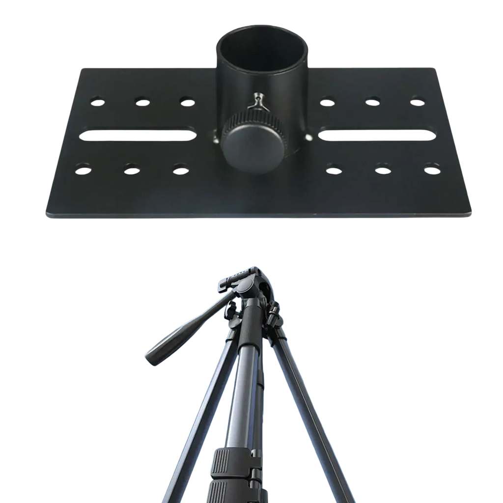 Black metal tripod mount plate with circular holder and multiple mounting holes for adjustable angle speaker stand adapter