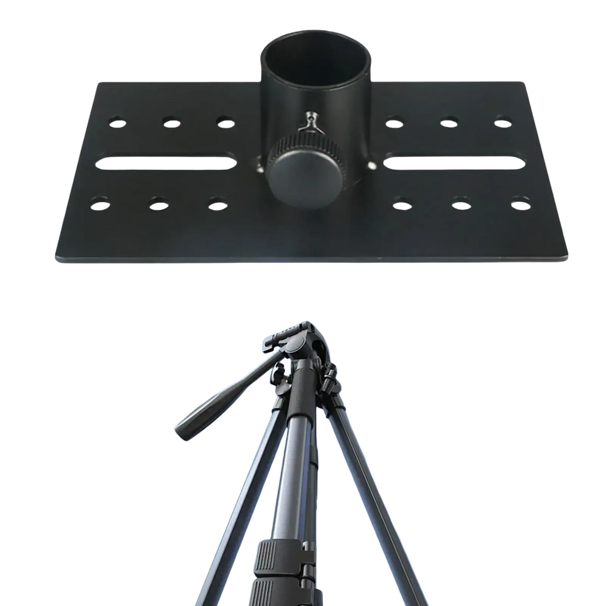 Black metal tripod mount plate with circular holder and multiple mounting holes for adjustable angle speaker stand adapter
