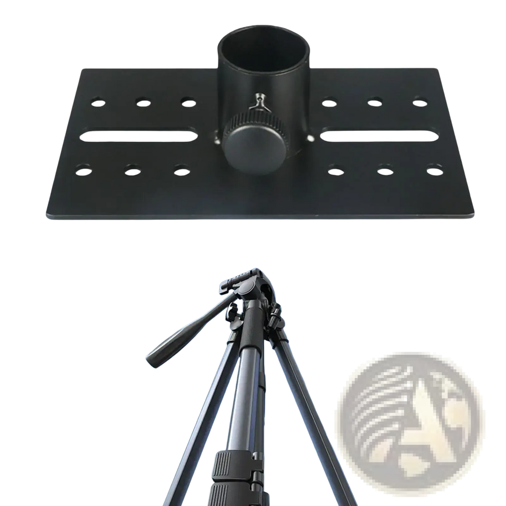 Black metal tripod mount plate with circular holder and multiple mounting holes for adjustable angle speaker stand adapter