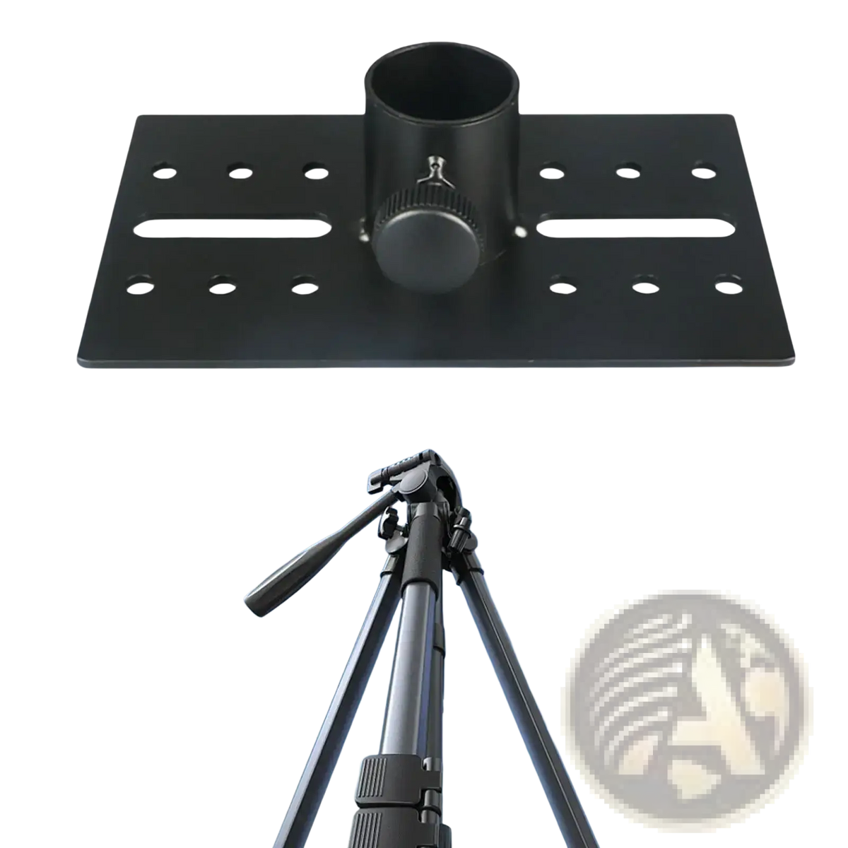 Black metal tripod mount plate with circular holder and multiple mounting holes for adjustable angle speaker stand adapter
